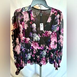 Express Black Dress with Purple and Pink Floral Design